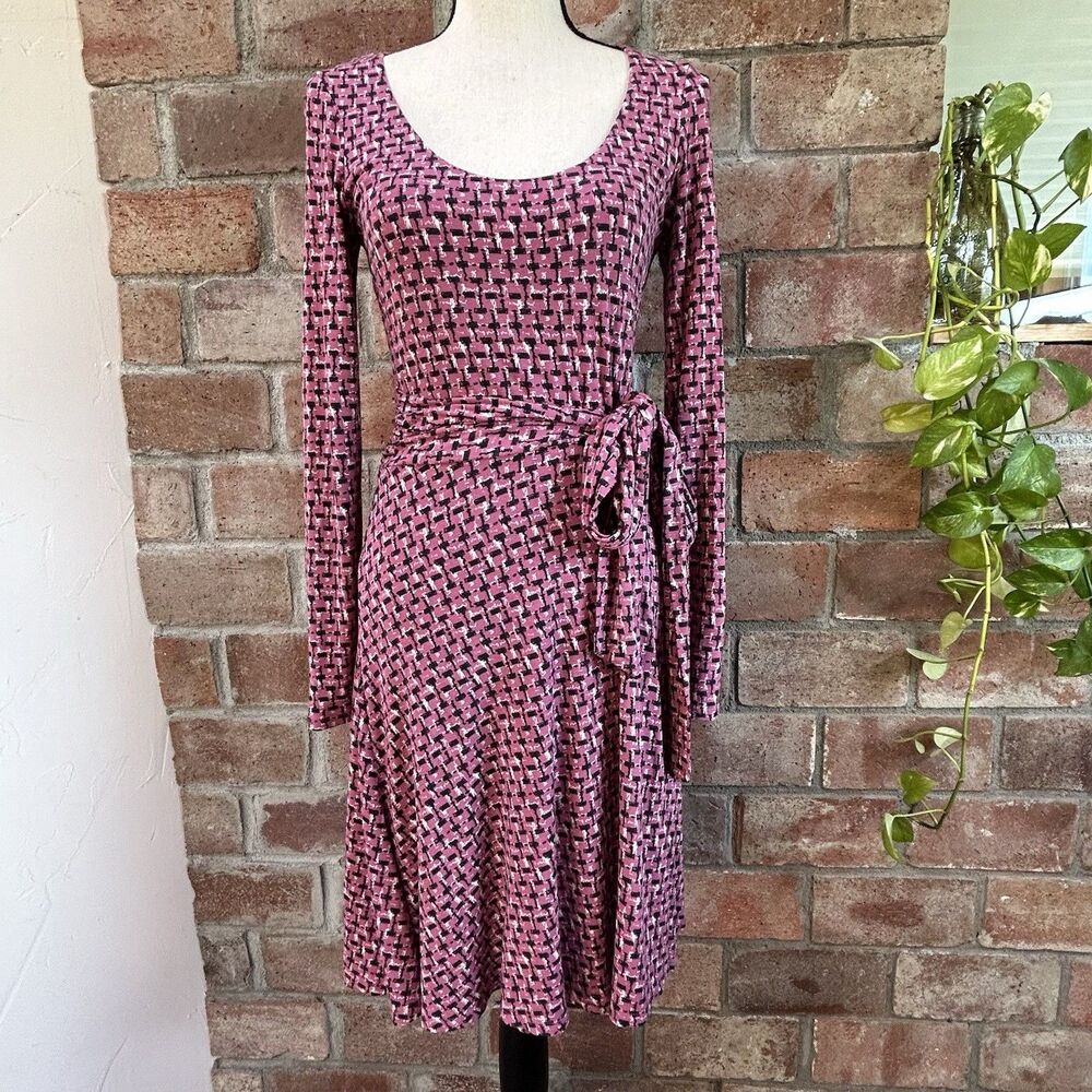 BODEN Silvia Dress L/S Faux Wrap Pink Jersey Geometric Print Sz 4P Midi A Line